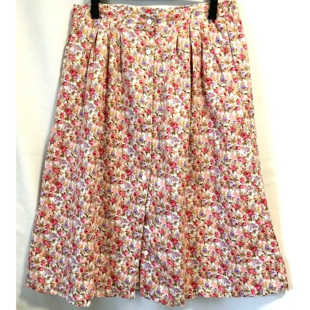 VTG Kari The Bay Women Skirt Midi Size 10 Floral Flare Pleated Button Up Cotton